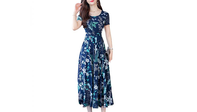 Women's Floral A-Line Midi Dress - 3 Colours & 5 Sizes from Discount Experts