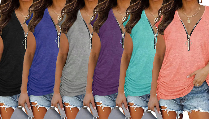 Women’s Zipper Detail Short Sleeve T-shirt – 6 Colours & Sizes Deal Price £9.99