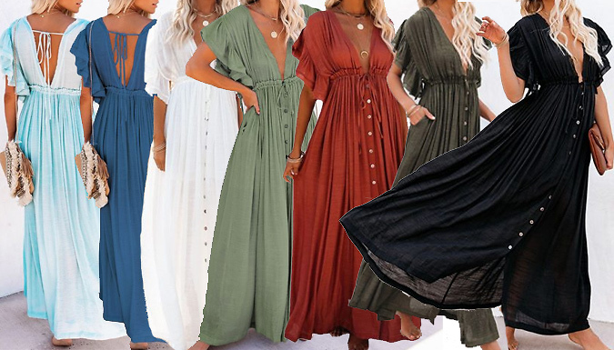 Flowy Short Sleeve Tie-Waist Maxi Dress - 7 Colours at Discount Experts