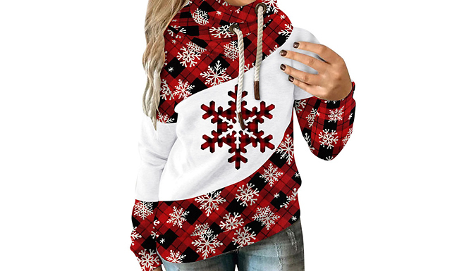 Women's Christmas Plaid High Neck Hoodie - 4 Designs & 5 Sizes from Discount Experts