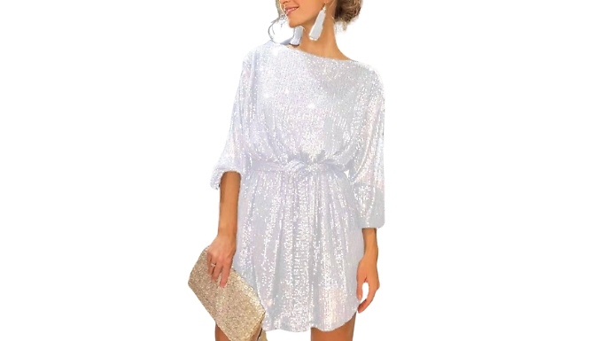 Long Sleeve Sequin Glitter Tie Detail Dress - 6 Colours & Sizes at Discount Experts