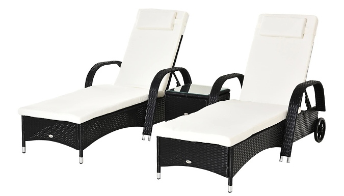 2-Seat Rattan Reclining Sun Lounger with Side Table – 3 Colours 2-Seat Rattan Reclining Sun Lounger with Side Table – 3 Colours