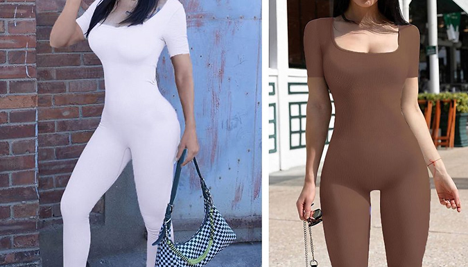 Ribbed Short Sleeve Yoga Jumpsuit - 7 Colours & 5 Sizes at Discount Experts