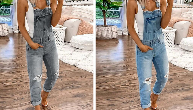 Women's Denim Ripped Knee Dungarees - 4 Designs & 4 Sizes from Discount Experts