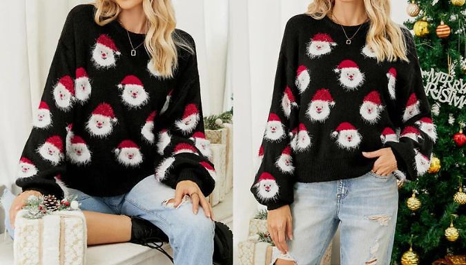 Women's Santa Print Christmas Jumper - 4 Sizes, 4 Colours from Discount Experts