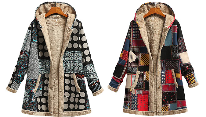 Patchwork Fleece-Lined Boho Hooded Jacket - 4 Colours & 7 Sizes from Discount Experts