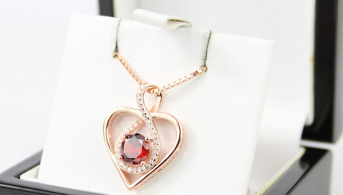 Rose Gold Finish Gemstone Heart Necklace & Jewellery Box - 4 Styles at Discount Experts