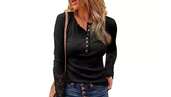 Women's Long-Sleeved Top with Lace Detail - 6 Colours, 5 Sizes at Discount Experts