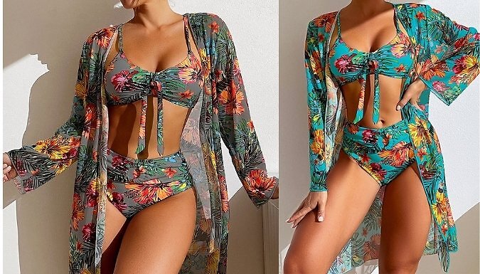3-Piece Floral Bikini Set. - 4 Colours, 6 Sizes from Discount Experts