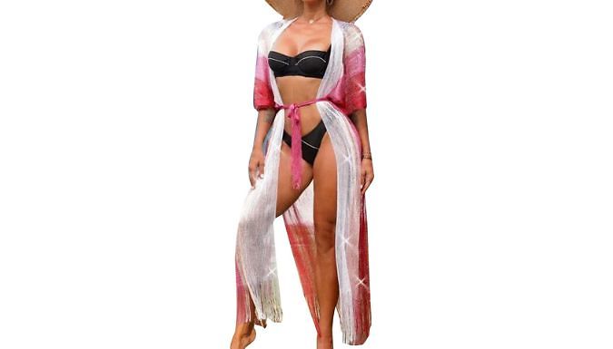 Pink Gradient Beach Cover Up with Tassels from Discount Experts