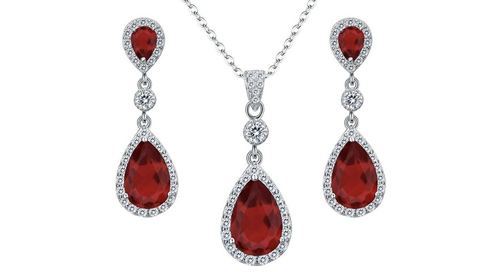 White Gold Red Ruby Pear Cut Diamond Necklace & Earrings Set White Gold Red Ruby Pear Cut Diamond Necklace & Earrings Set