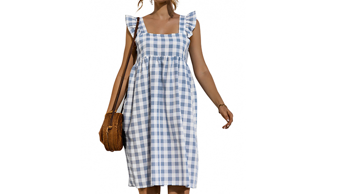 Plaid Puff-Sleeve Summer Dress – 3 Colours & 4 Sizes Deal Price £12.99