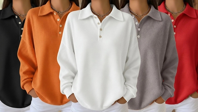 Women's Waffle Knit Long Sleeve Polo Shirt - 5 Colours at Discount Experts