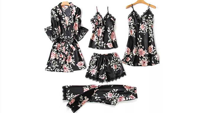 5-Piece Floral Satin-Look Pyjama Set - 3 Colours & 5 Sizes at Discount Experts