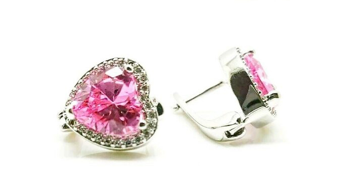 Pink Gem White Gold Heart Cut Created Diamond Earrings at Discount Experts