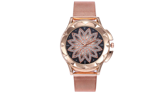 Rose Gold Flower Rhinestone Watch at Discount Experts