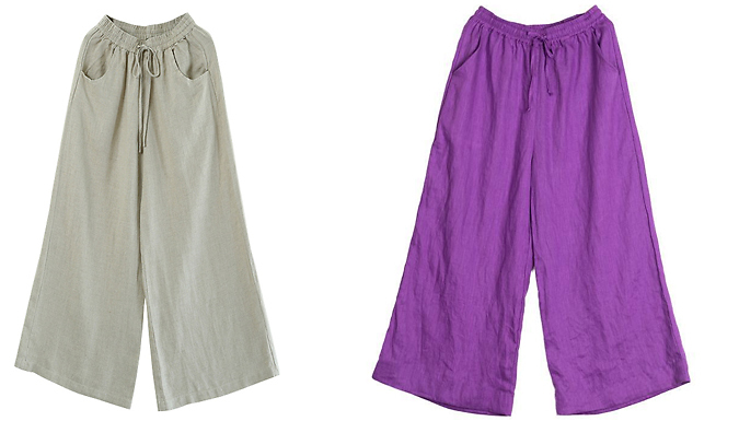 Wide Leg Cotton Linen Trousers - 7 Sizes & 4 Colours at Discount Experts