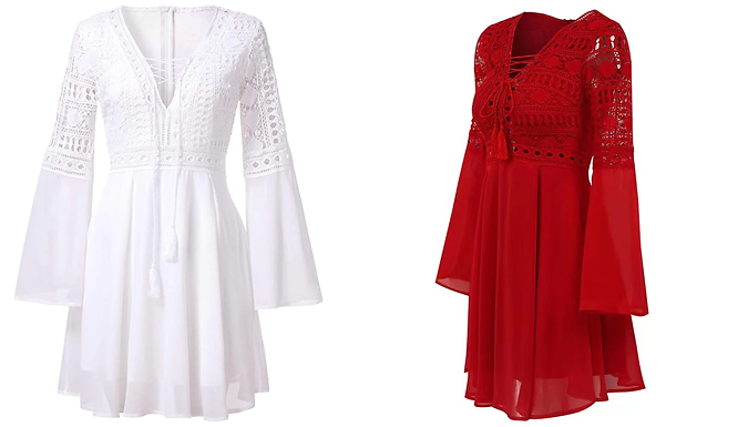 Sheer Lace-Detail Bandage Mini Dress - 3 Colours & 5 Sizes at Discount Experts