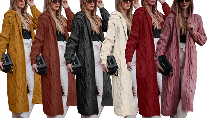 Women’s Hooded Long Knitted Cardigan – 6 Colours & 5 Sizes Deal Price £19.99