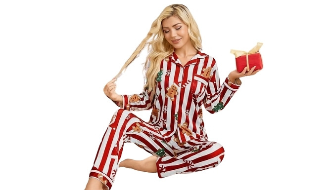 Women's Striped Christmas Pyjama Set - 3 Designs & 4 Sizes at Discount Experts