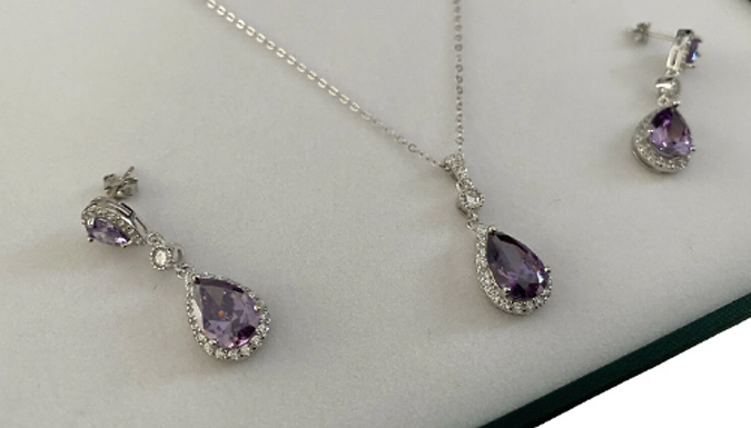 White Gold Finish Simulated Amethyst Drop Earrings and Necklace Set from Discount Experts