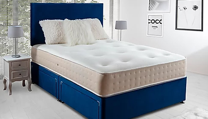 Blue Plush Velvet Divan Bed with Mattress & Headboard – 6 Sizes & Drawer Options Deal Price £149.99