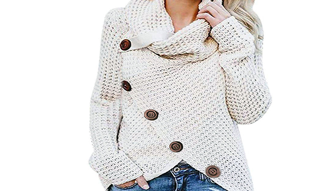 Women's Knitted Roll Neck Crossover Cardigan - 6 Colours and 6 Sizes from Discount Experts