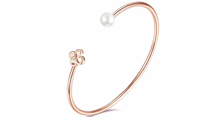 Natural Diamond and Freshwater Pearl Rose Gold Flower Bangle from Discount Experts