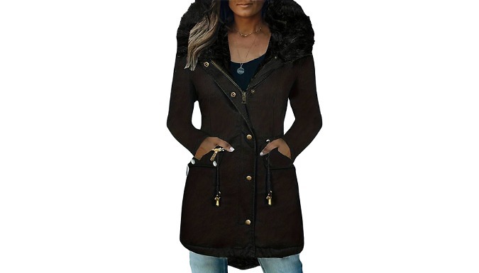 Faux Fur Parka Style Drawstring Coat - 5 Colours & 8 Sizes from Discount Experts