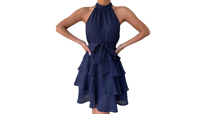 Women's Halter Lotus Edge Sleeveless Dress - 4 Colours & 4 Sizes at Discount Experts