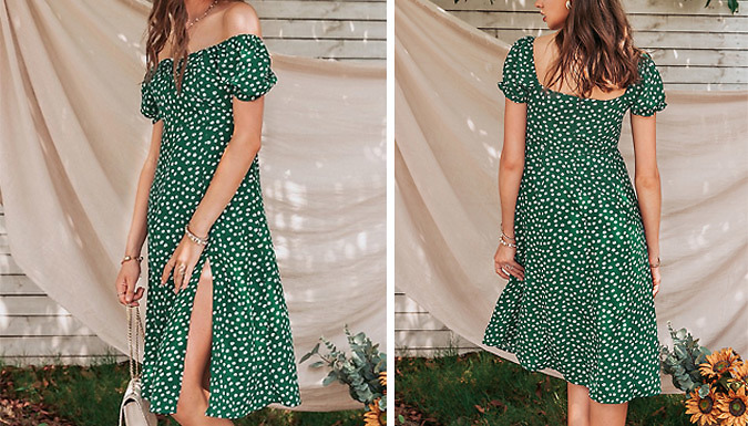 Ditsy Floral Print Green Midi Summer Dress - 4 Sizes at Discount Experts