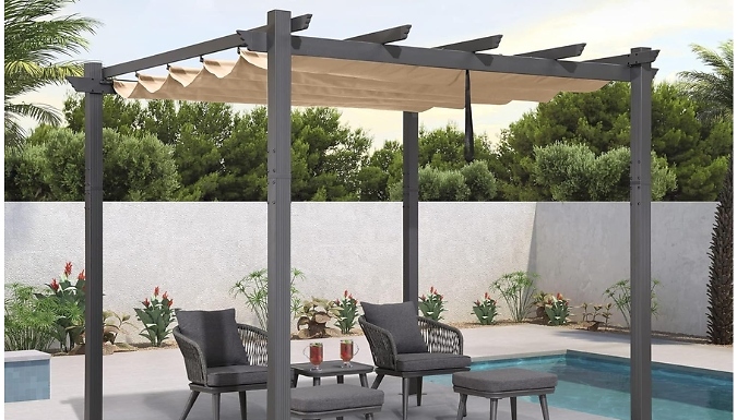 3x3m Wind & Water-Resistant Metal Pergola with Retractable Roof – 2 Colours! 3x3m Wind & Water-Resistant Metal Pergola with Retractable Roof – 2 Colours!