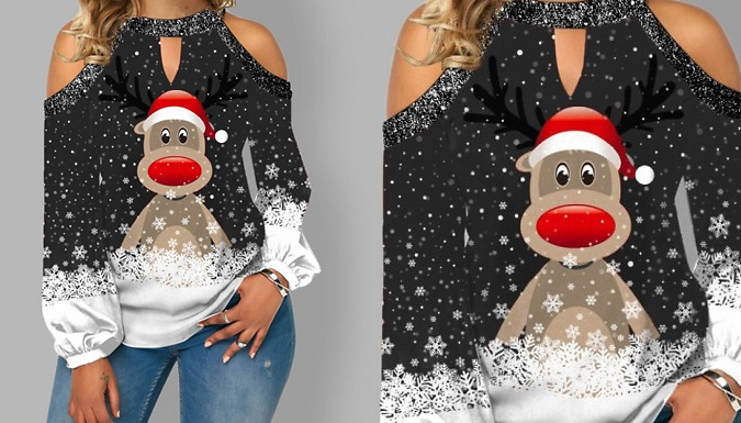 Cold Shoulder Reindeer Long-Sleeved Top - 5 Colours & 7 Sizes from Discount Experts