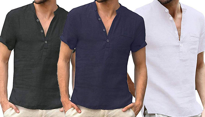 Men’s Cotton V-Neck Button T-Shirt – 3 Colours Deal Price £9.99