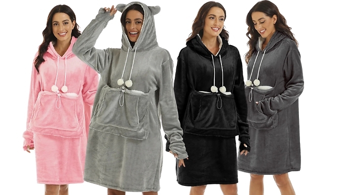 Fluffy Fleece Blanket Hoodie With Pet Pouch - 2 Sizes, 4 Colours at Discount Experts