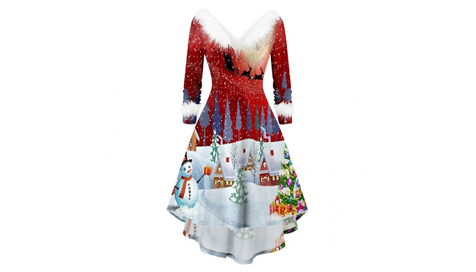 Christmas V-Neck Plush Dress - 2 Colours and 5 Sizes from Discount Experts