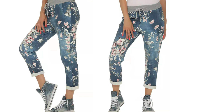 Floral Denim-Look Stretchy Waist Joggers - 2 Colours & 5 Sizes from Discount Experts