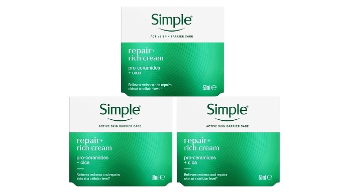 3-Pack Set of Simple Repair+ Soothing & Hydrating Face Moisturiser - 50ml Per Tub. at Discount Experts