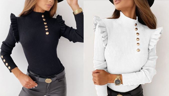 Knitted Jumper with Frill & Button Detailing - 5 Colours, 5 Sizes from Discount Experts