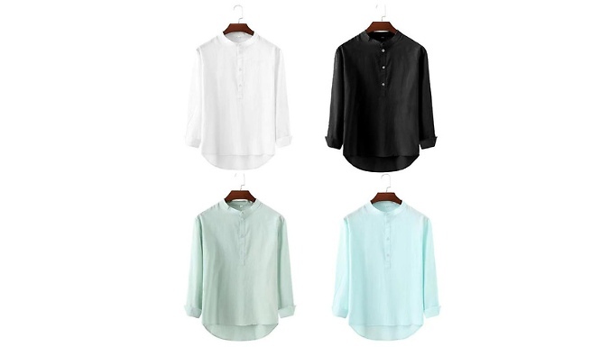 Men's Long Sleeve Linen Button Shirt - 4 Colours & 6 Sizes at Discount Experts