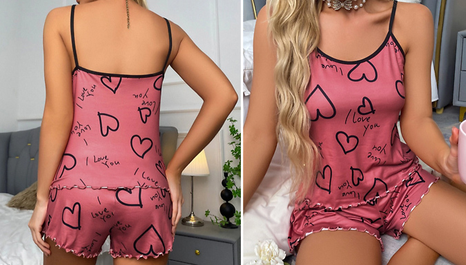 Women's Heart-Print Short Nightwear Set - 2 Colours & 3 Sizes at Discount Experts