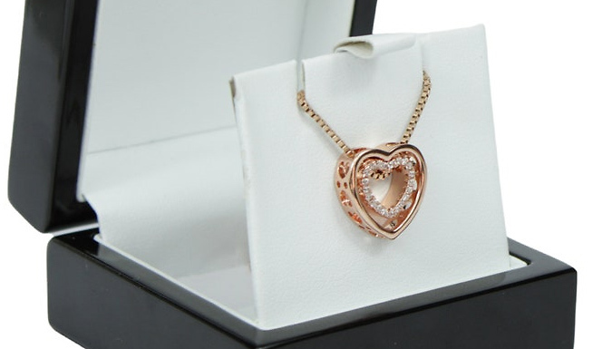 Rose Gold Created Diamond Double Heart Pendant Necklace at Discount Experts