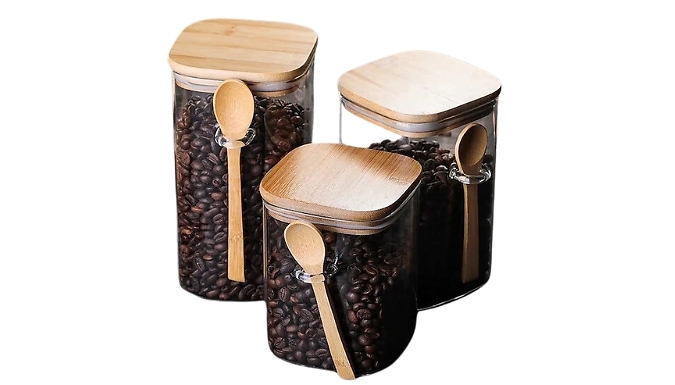 Square Glass Sealed Storage Jar with Wooden Spoon - 3 Sizes from Discount Experts