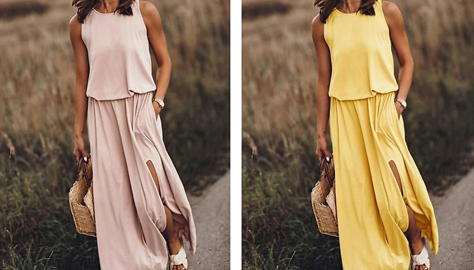 Flowing Sleeveless Block Colour Slit Dress - 4 Colours & 5 Sizes at Discount Experts