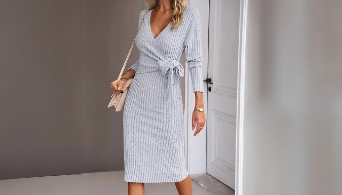 Tie Detail Knitted Long-Sleeved Wrap Dress - 4 Colours & Sizes from Discount Experts