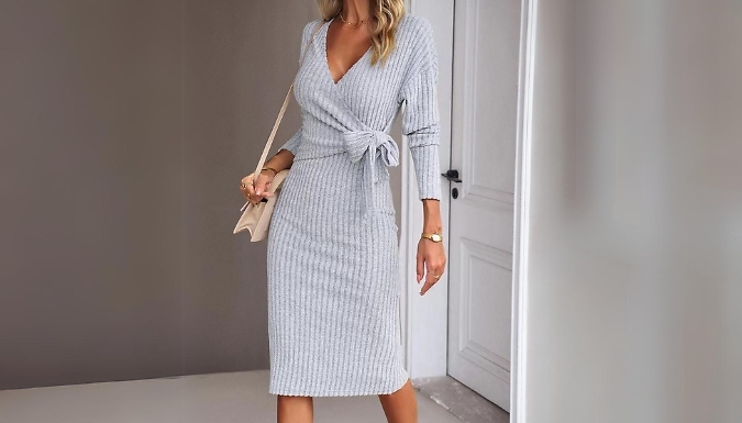 Tie Detail Knitted Long-Sleeved Wrap Dress - 4 Colours & Sizes at Discount Experts