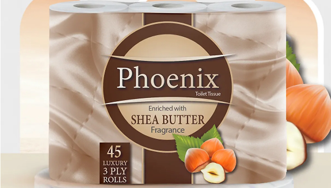 18, 45, or 90 Phoenix Quilted 3 Ply Shea Butter Fragranced Toilet Rolls from Discount Experts