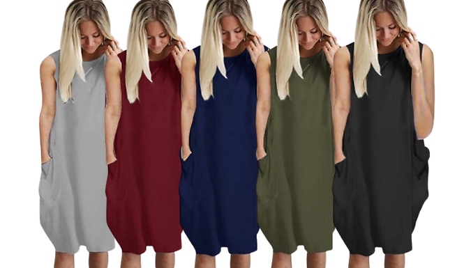 Sleeveless Loose-Fit Dress with Pockets - 5 Colours, 6 Sizes at Discount Experts