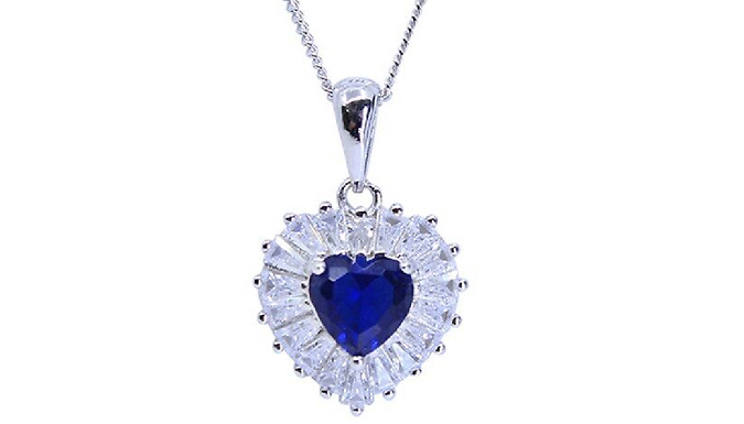 White Gold Created Diamond Blue Sapphire Heart Necklace at Discount Experts