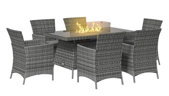 7-Piece Outsunny Rattan Dinging Set – Built-In Gas Fire Pit! 7-Piece Outsunny Rattan Dinging Set – Built-In Gas Fire Pit!
